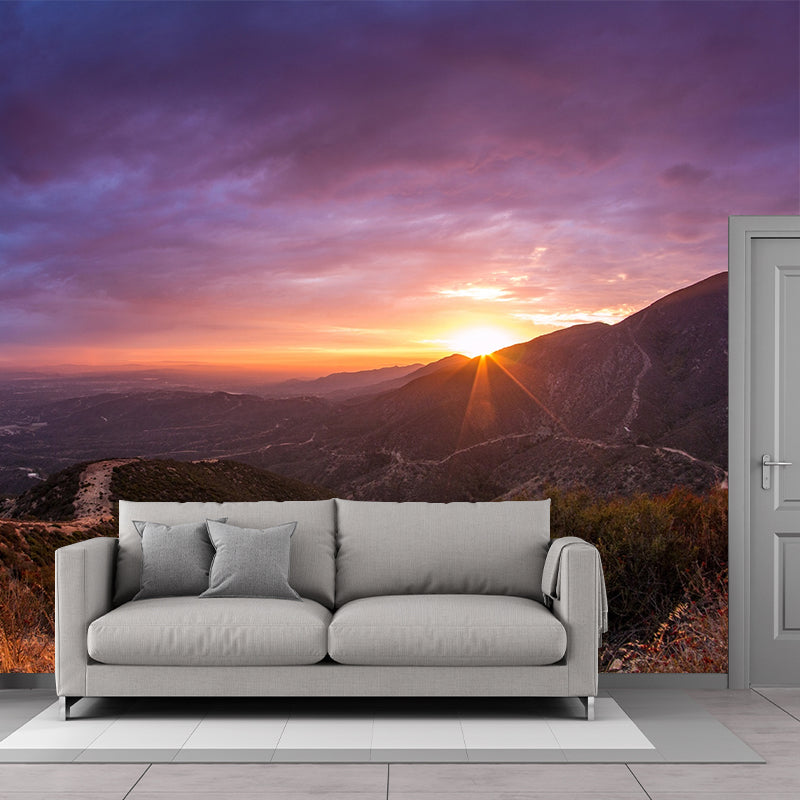Purple Modernist Wallpaper Mural Big Sunset and Sinuous Road View from Mountain Wall Covering for Home Clearhalo 'Wall Decor' 'Wall Mural' 1501860