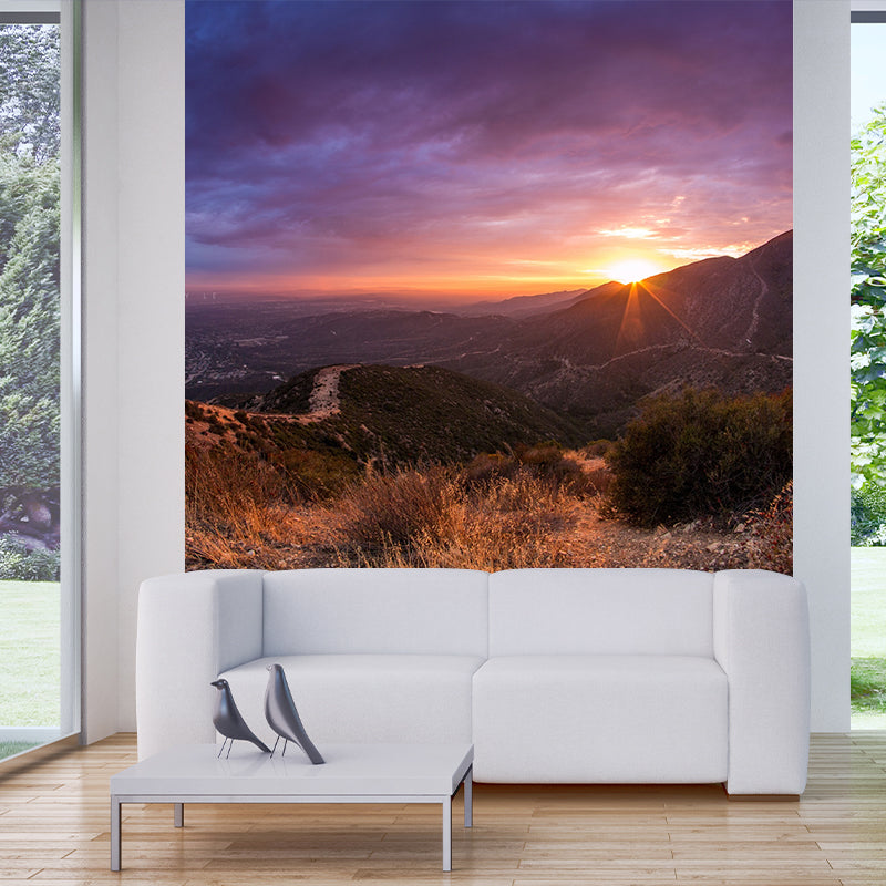Purple Modernist Wallpaper Mural Big Sunset and Sinuous Road View from Mountain Wall Covering for Home Clearhalo 'Wall Decor' 'Wall Mural' 1501861