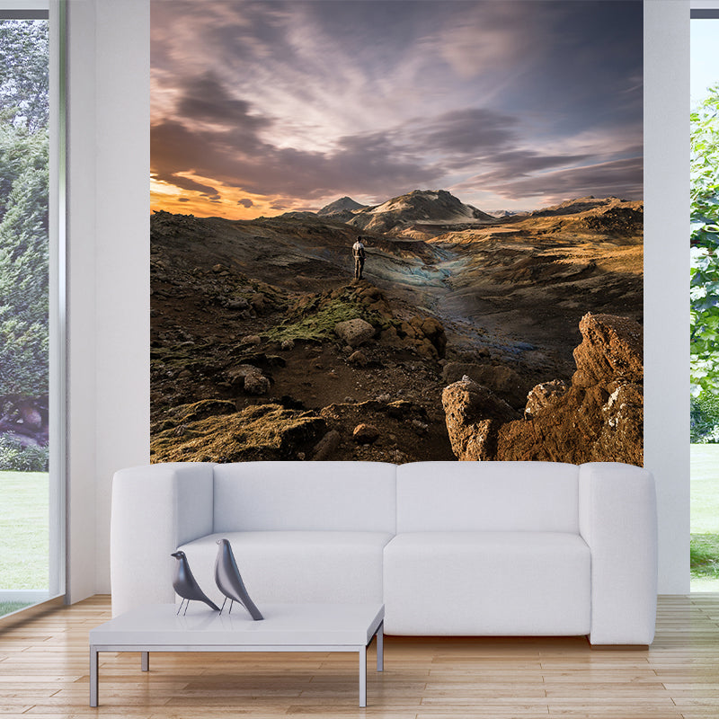 Large Scenery Wall Mural Modern Stunning Man by the Dried River Wall Decor in Brown Brown Clearhalo 'Wall Decor' 'Wall Mural' 1501864