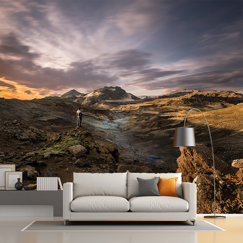 Large Scenery Wall Mural Modern Stunning Man by the Dried River Wall Decor in Brown Clearhalo 'Wall Decor' 'Wall Mural' 1501865