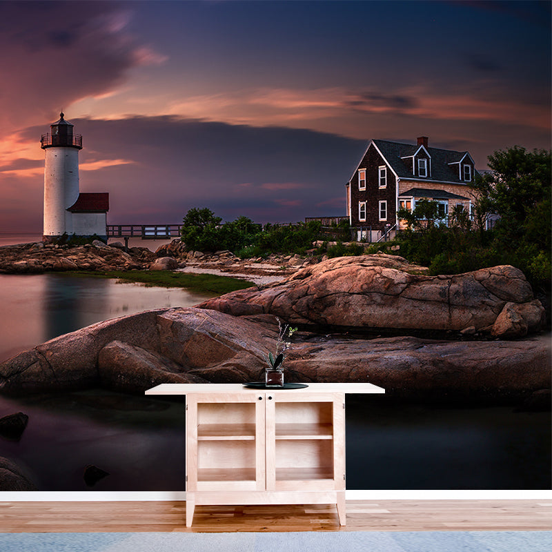 Riverside Lighthouse at Dusk Mural Orange Nordic Wall Art for Living Room, Custom Printed Orange Clearhalo 'Wall Decor' 'Wall Mural' 1501869
