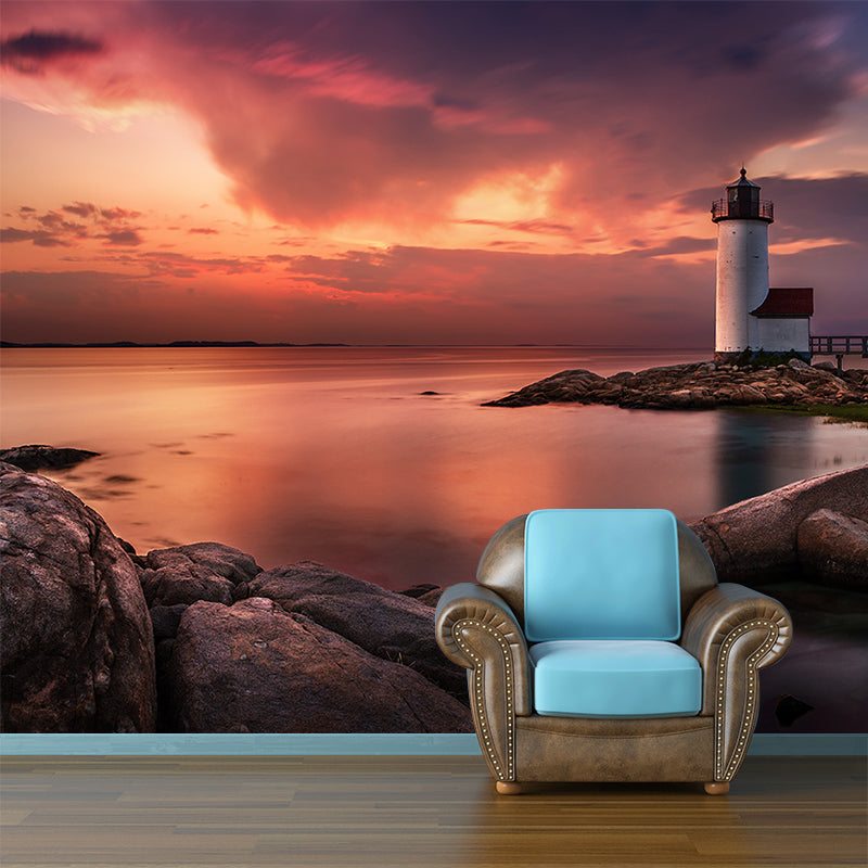 Riverside Lighthouse at Dusk Mural Orange Nordic Wall Art for Living Room, Custom Printed Clearhalo 'Wall Decor' 'Wall Mural' 1501870