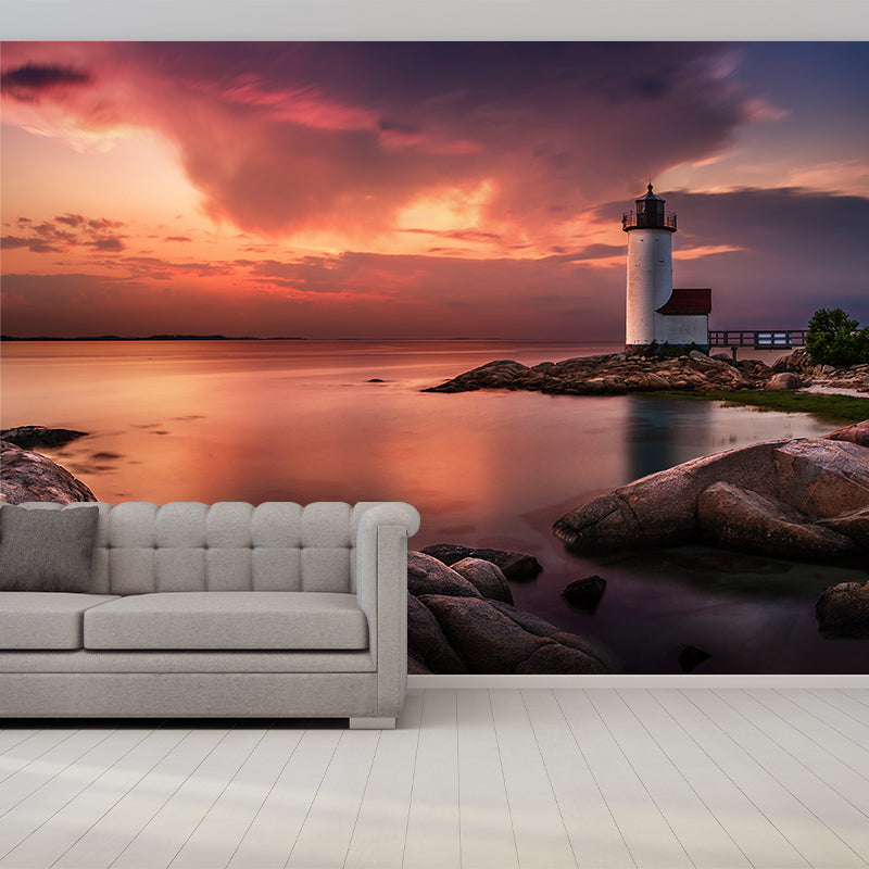 Riverside Lighthouse at Dusk Mural Orange Nordic Wall Art for Living Room, Custom Printed Clearhalo 'Wall Decor' 'Wall Mural' 1501871