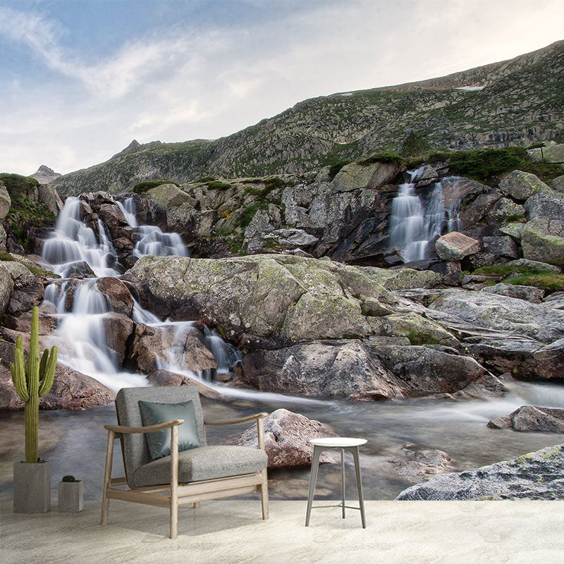 Modern Waterfalls Wallpaper Mural Brown Mountain and Rivulet Scenery Wall Covering Brown Clearhalo 'Wall Decor' 'Wall Mural' 1501874