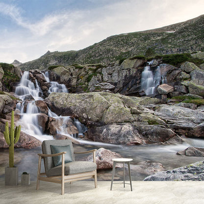 Modern Waterfalls Wallpaper Mural Brown Mountain and Rivulet Scenery Wall Covering Brown Clearhalo 'Wall Decor' 'Wall Mural' 1501874