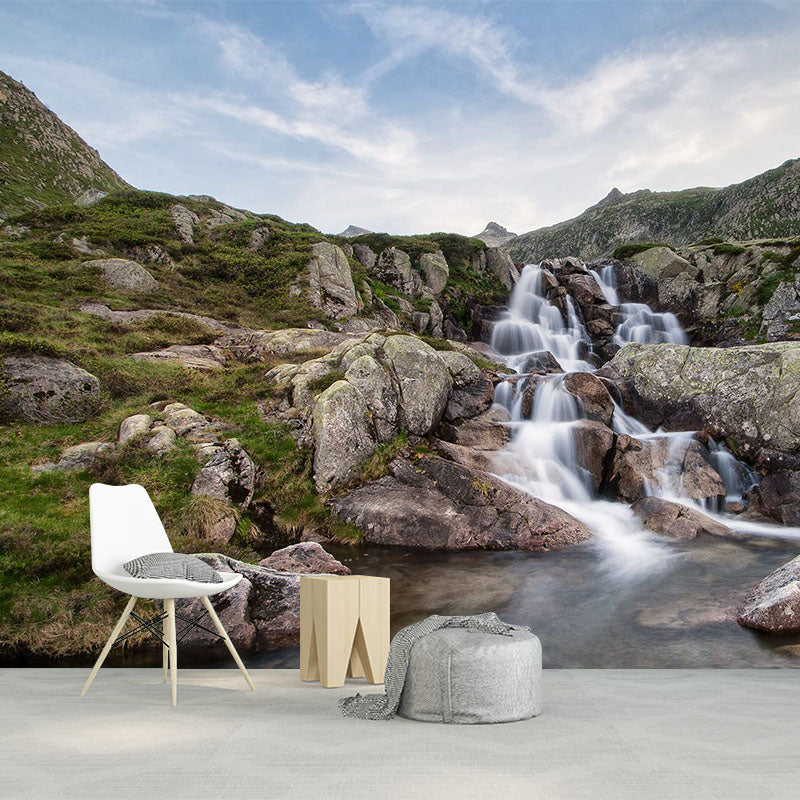 Modern Waterfalls Wallpaper Mural Brown Mountain and Rivulet Scenery Wall Covering Clearhalo 'Wall Decor' 'Wall Mural' 1501875