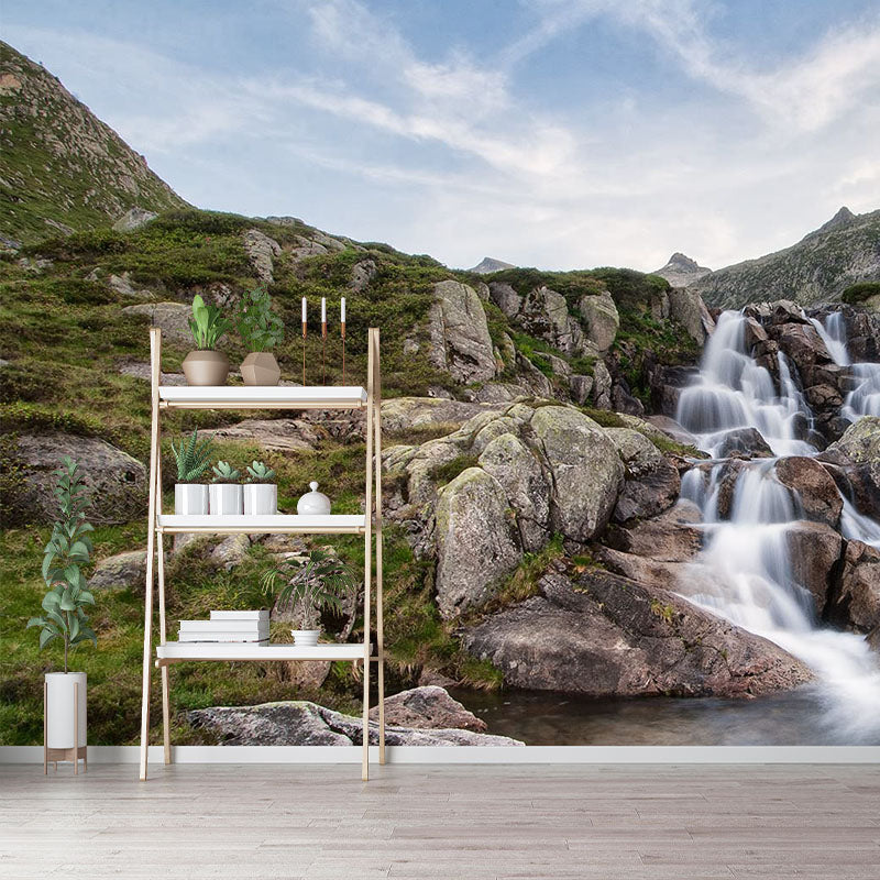 Modern Waterfalls Wallpaper Mural Brown Mountain and Rivulet Scenery Wall Covering Clearhalo 'Wall Decor' 'Wall Mural' 1501876