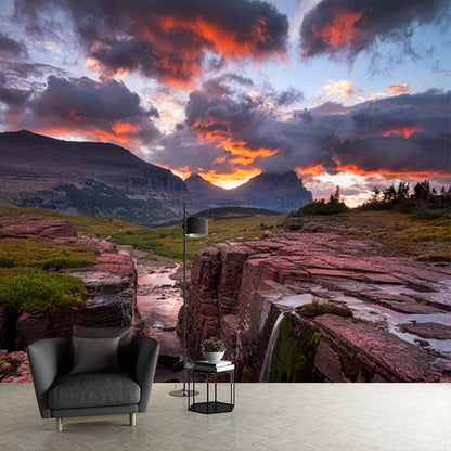 Sunset Rift Valley Cascades Mural Orange Modernist Wall Covering for Bedroom, Non-Woven Orange Clearhalo 'Wall Decor' 'Wall Mural' 1501944