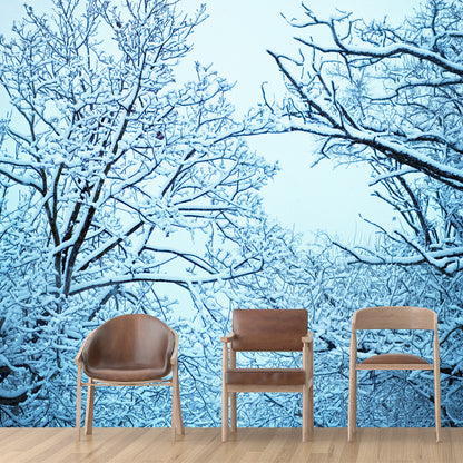 Modern Snowy Tree Branches Mural Blue Stain-Proof Wall Art for Living Room, Made to Measure Blue Clearhalo 'Wall Decor' 'Wall Mural' 1502029