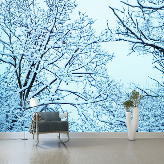 Modern Snowy Tree Branches Mural Blue Stain-Proof Wall Art for Living Room, Made to Measure Clearhalo 'Wall Decor' 'Wall Mural' 1502030