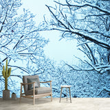 Modern Snowy Tree Branches Mural Blue Stain-Proof Wall Art for Living Room, Made to Measure Clearhalo 'Wall Decor' 'Wall Mural' 1502031