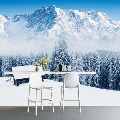 Lonely Forester Cabin Mural Wallpaper for Home Snowy Mountain Landscape Wall Covering, Custom Made White Clearhalo 'Wall Decor' 'Wall Mural' 1502034