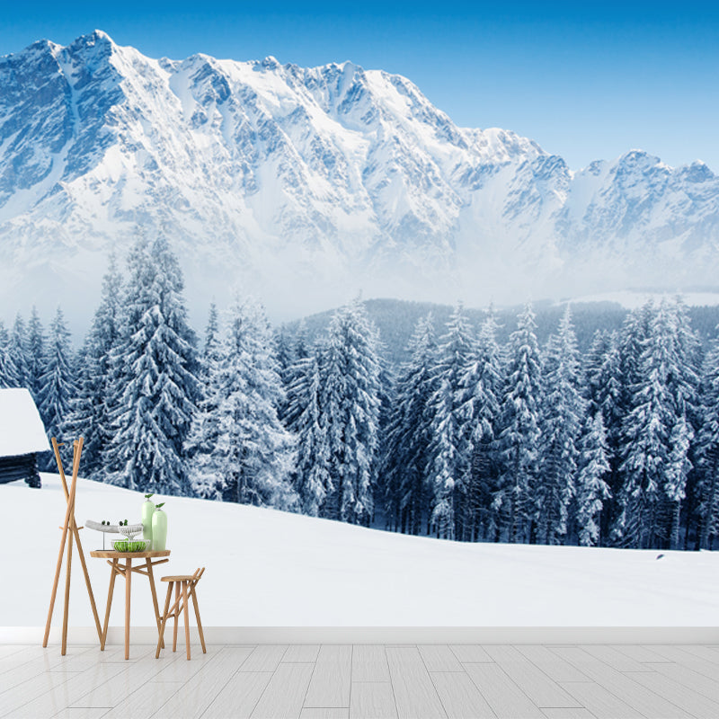 Lonely Forester Cabin Mural Wallpaper for Home Snowy Mountain Landscape Wall Covering, Custom Made Clearhalo 'Wall Decor' 'Wall Mural' 1502035