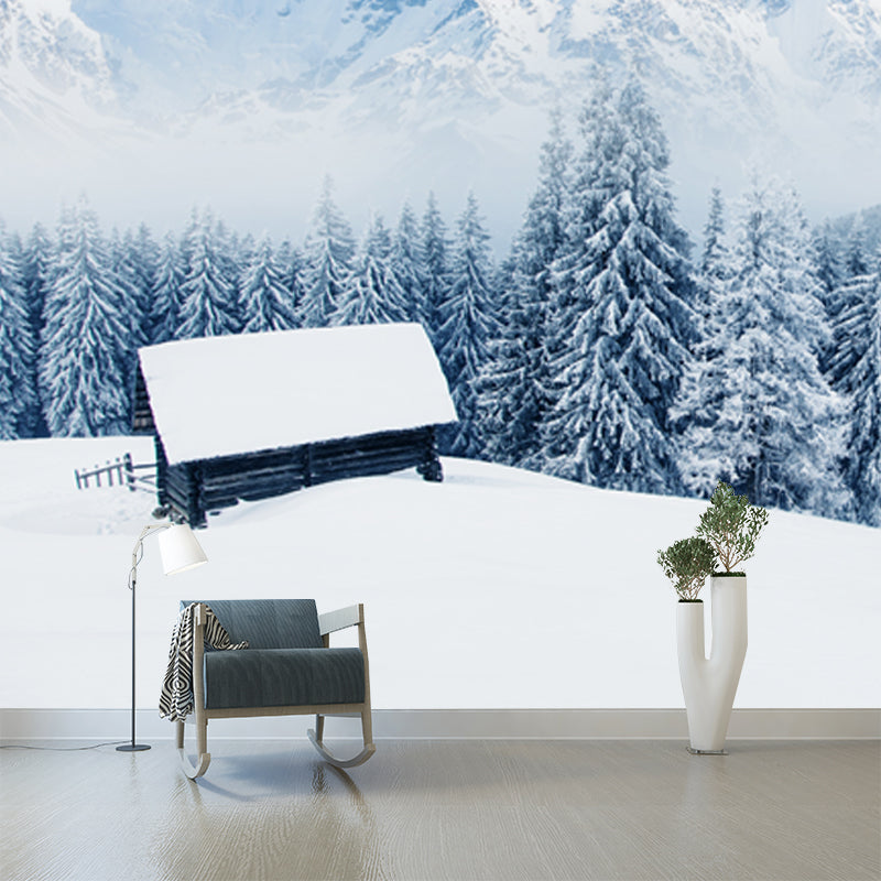 Lonely Forester Cabin Mural Wallpaper for Home Snowy Mountain Landscape Wall Covering, Custom Made Clearhalo 'Wall Decor' 'Wall Mural' 1502036