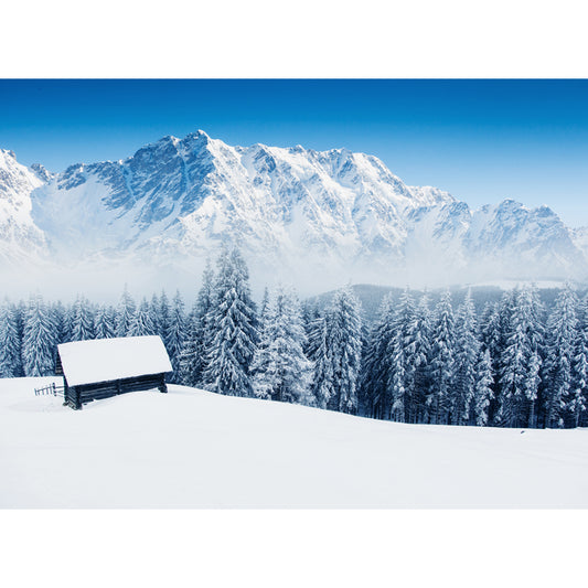 Lonely Forester Cabin Mural Wallpaper for Home Snowy Mountain Landscape Wall Covering, Custom Made Clearhalo 'Wall Decor' 'Wall Mural' 1502037