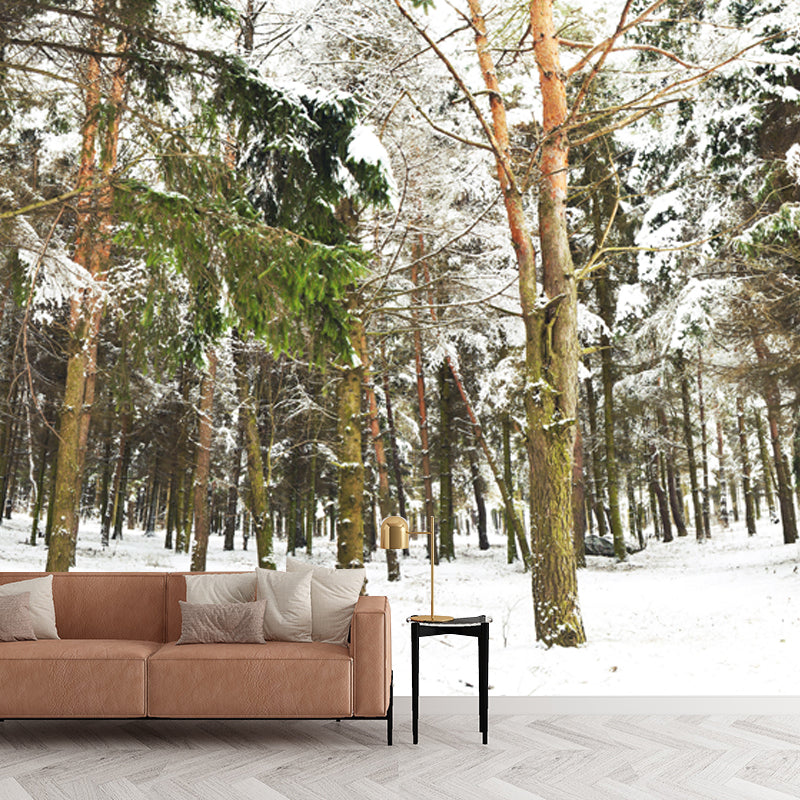 Non-Woven Washable Mural Modern Style Scenery Among the Snowy Forest Wall Decor in Green Green Clearhalo 'Wall Decor' 'Wall Mural' 1502054