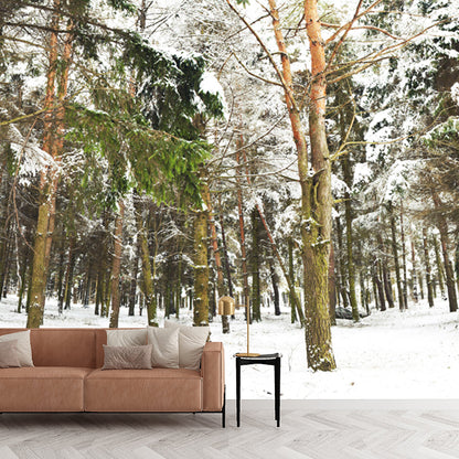 Non-Woven Washable Mural Modern Style Scenery Among the Snowy Forest Wall Decor in Green Green Clearhalo 'Wall Decor' 'Wall Mural' 1502054