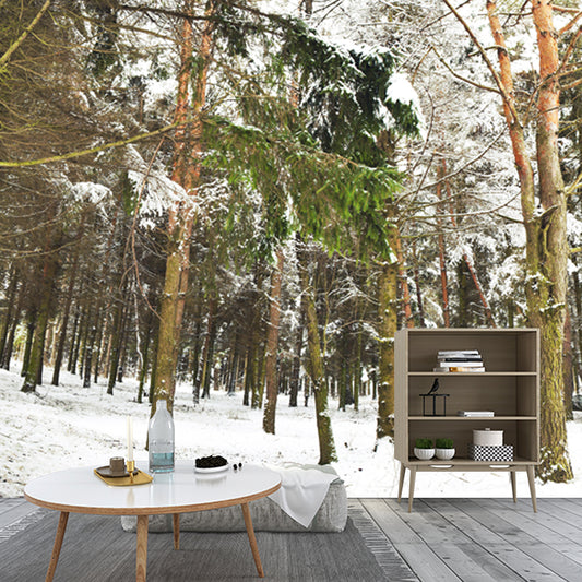 Non-Woven Washable Mural Modern Style Scenery Among the Snowy Forest Wall Decor in Green Clearhalo 'Wall Decor' 'Wall Mural' 1502056
