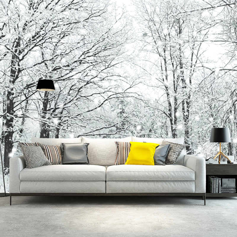 Custom Photo-Print Modern Mural with Bare Trees and Snow Landscape Pattern in White White Clearhalo 'Wall Decor' 'Wall Mural' 1502059