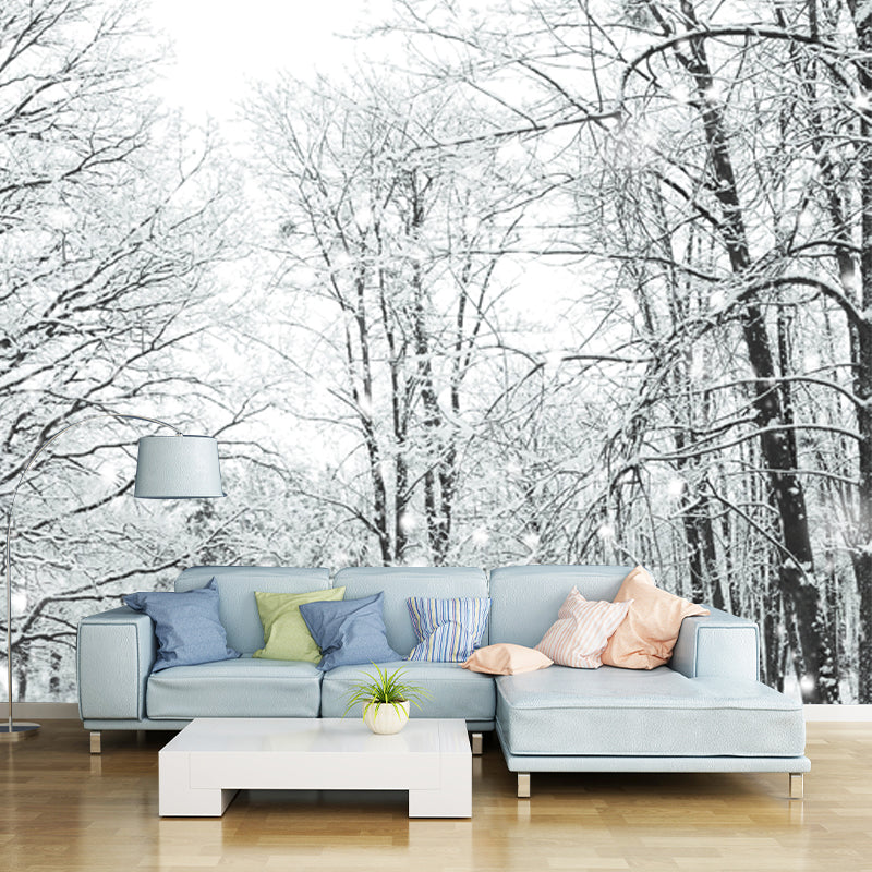 Custom Photo-Print Modern Mural with Bare Trees and Snow Landscape Pattern in White Clearhalo 'Wall Decor' 'Wall Mural' 1502061
