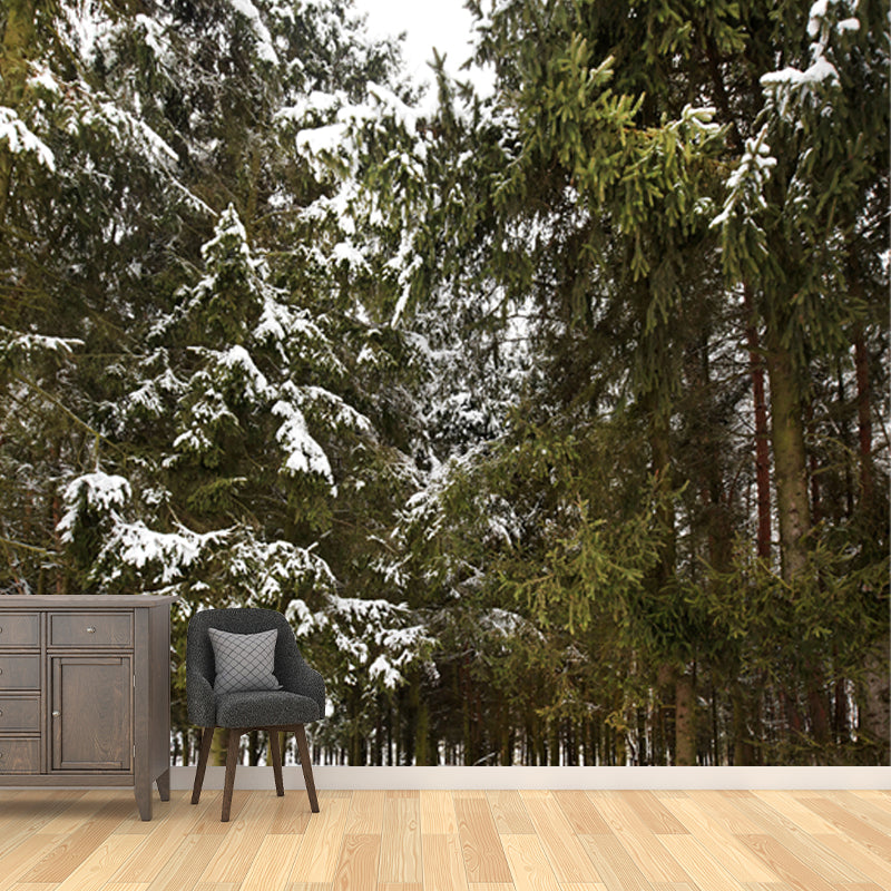 Green Winter Scenery Wall Mural Entrance to Snow Forest Modern Waterproof Wall Art for Home Clearhalo 'Wall Decor' 'Wall Mural' 1502065