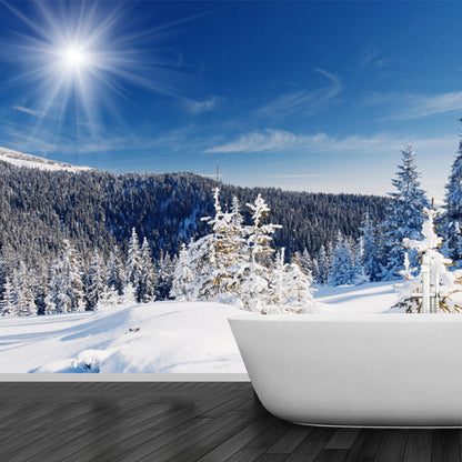 Snow Cypress Mountain Scenery Mural Contemporary Non-Woven Wall Covering in Blue Blue Clearhalo 'Wall Decor' 'Wall Mural' 1502069