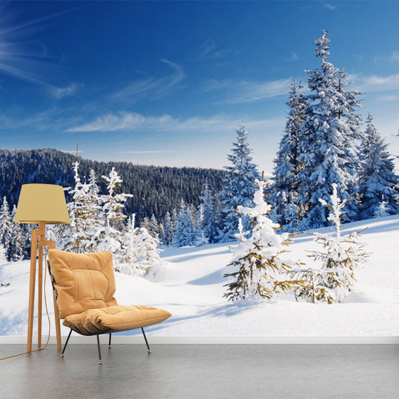 Snow Cypress Mountain Scenery Mural Contemporary Non-Woven Wall Covering in Blue Clearhalo 'Wall Decor' 'Wall Mural' 1502070