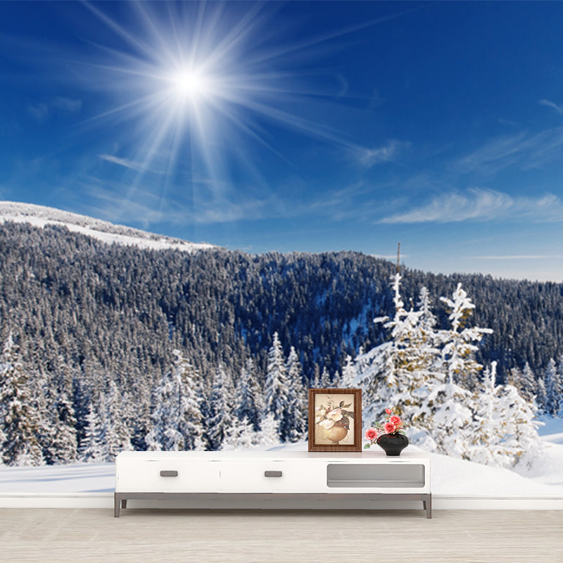Snow Cypress Mountain Scenery Mural Contemporary Non-Woven Wall Covering in Blue Clearhalo 'Wall Decor' 'Wall Mural' 1502071