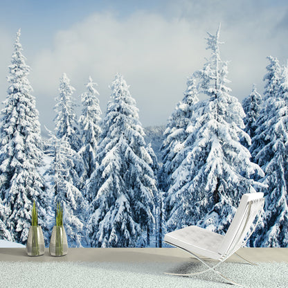 Cypress Covered with Snow Mural Modern Waterproof Bedroom Wall Art, Custom Made, White White Clearhalo 'Wall Decor' 'Wall Mural' 1502079