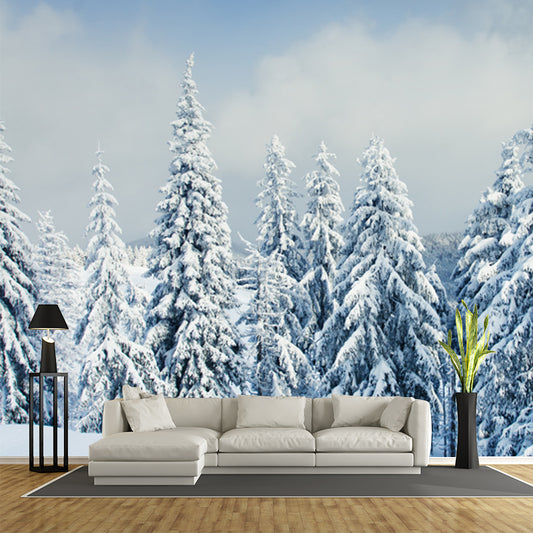 Cypress Covered with Snow Mural Modern Waterproof Bedroom Wall Art, Custom Made, White Clearhalo 'Wall Decor' 'Wall Mural' 1502080