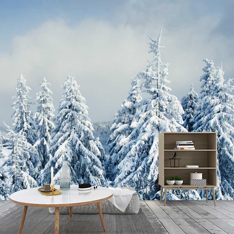 Cypress Covered with Snow Mural Modern Waterproof Bedroom Wall Art, Custom Made, White Clearhalo 'Wall Decor' 'Wall Mural' 1502081