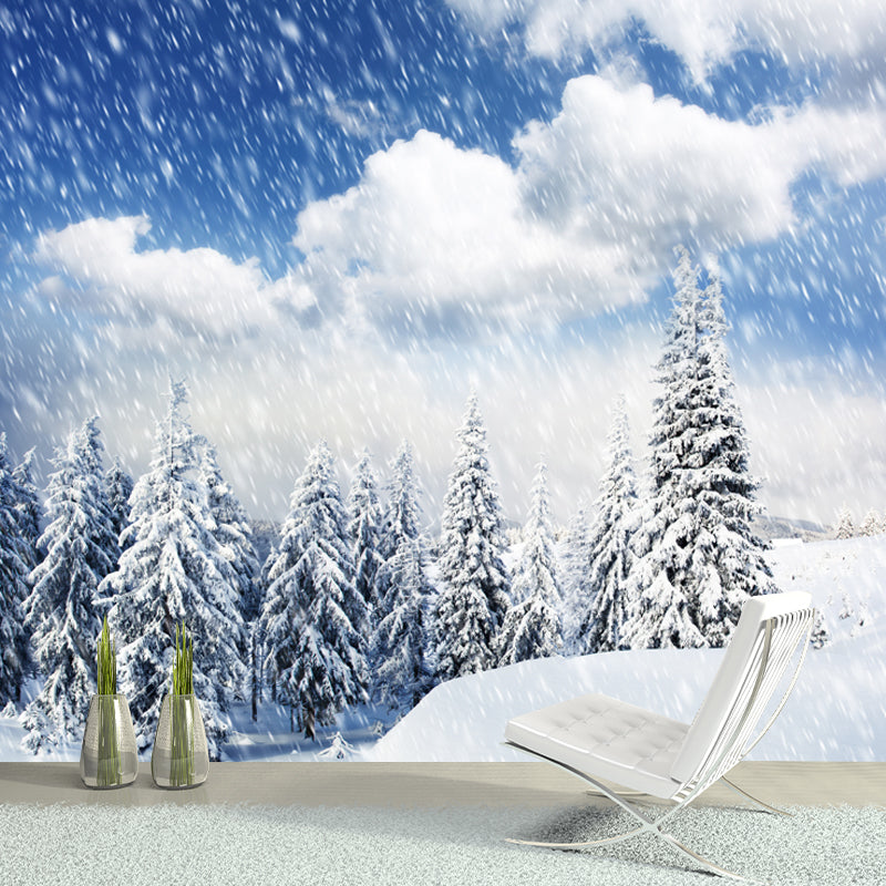 Large Snowing at Cypress Mural Stain-Resistant Modern Living Room Wall Covering, Blue Blue Clearhalo 'Wall Decor' 'Wall Mural' 1502084