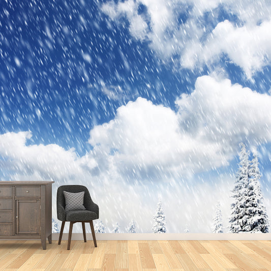 Large Snowing at Cypress Mural Stain-Resistant Modern Living Room Wall Covering, Blue Clearhalo 'Wall Decor' 'Wall Mural' 1502086