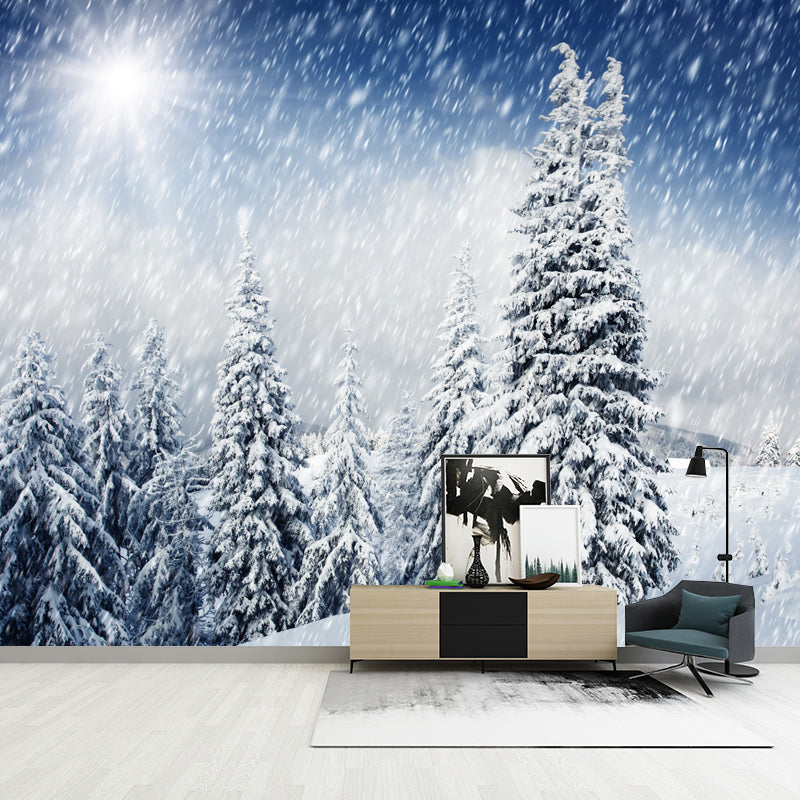 Cypress Winter Snowing Scenery Mural Modern Non-Woven Material Wall Decor in White White Clearhalo 'Wall Decor' 'Wall Mural' 1502089