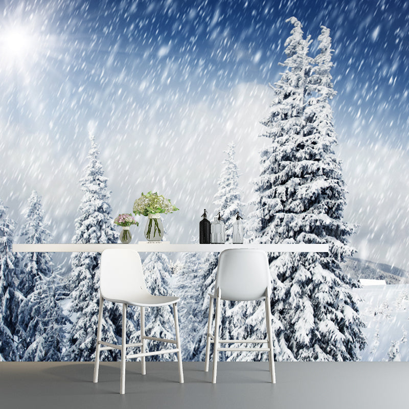 Cypress Winter Snowing Scenery Mural Modern Non-Woven Material Wall Decor in White Clearhalo 'Wall Decor' 'Wall Mural' 1502090