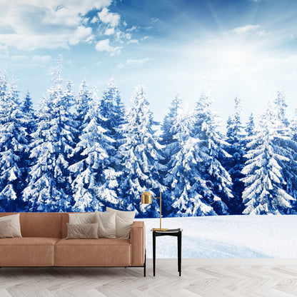 Blue Snowy Pine Trees Mural Decal Moisture Resistant Nordic Living Room Wall Art Blue Clearhalo 'Wall Decor' 'Wall Mural' 1502094