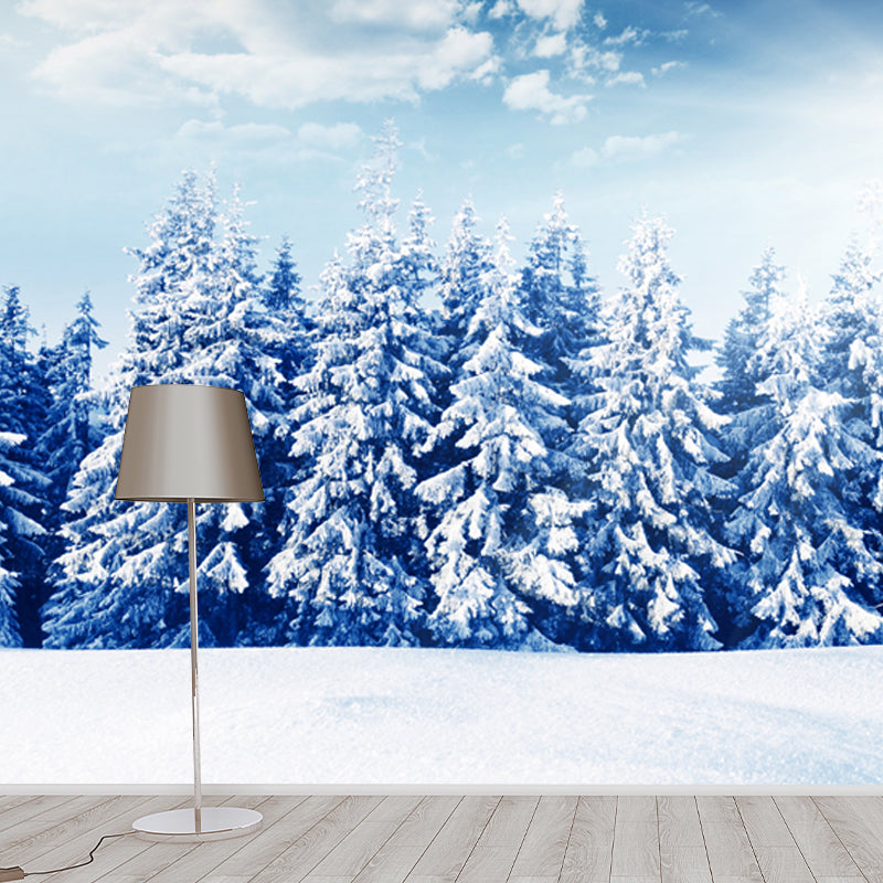 Blue Snowy Pine Trees Mural Decal Moisture Resistant Nordic Living Room Wall Art Clearhalo 'Wall Decor' 'Wall Mural' 1502095