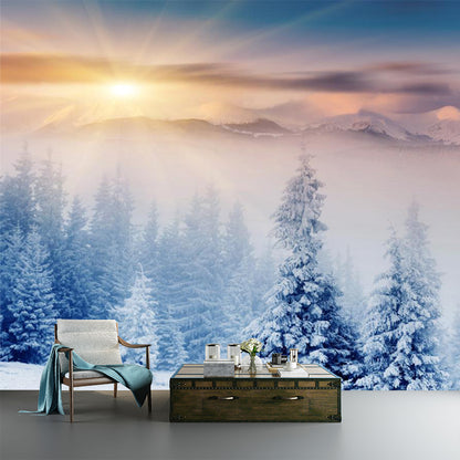 Modern Sunrise Snowy Cypress Mural Non-Woven Moisture Resistant Blue Wall Decor for Bedroom Blue Clearhalo 'Wall Decor' 'Wall Mural' 1502109