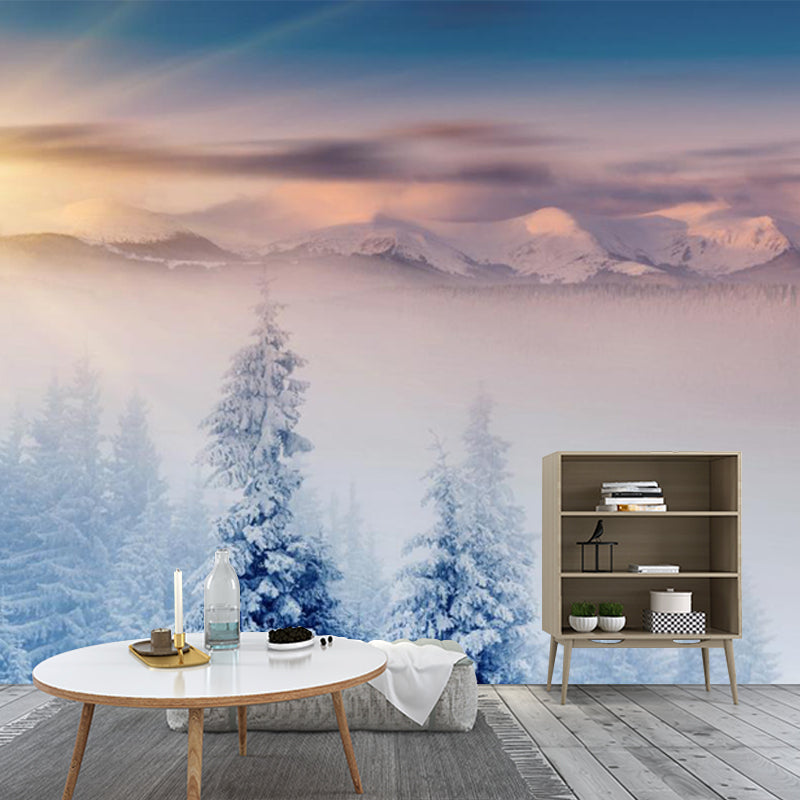 Modern Sunrise Snowy Cypress Mural Non-Woven Moisture Resistant Blue Wall Decor for Bedroom Clearhalo 'Wall Decor' 'Wall Mural' 1502110