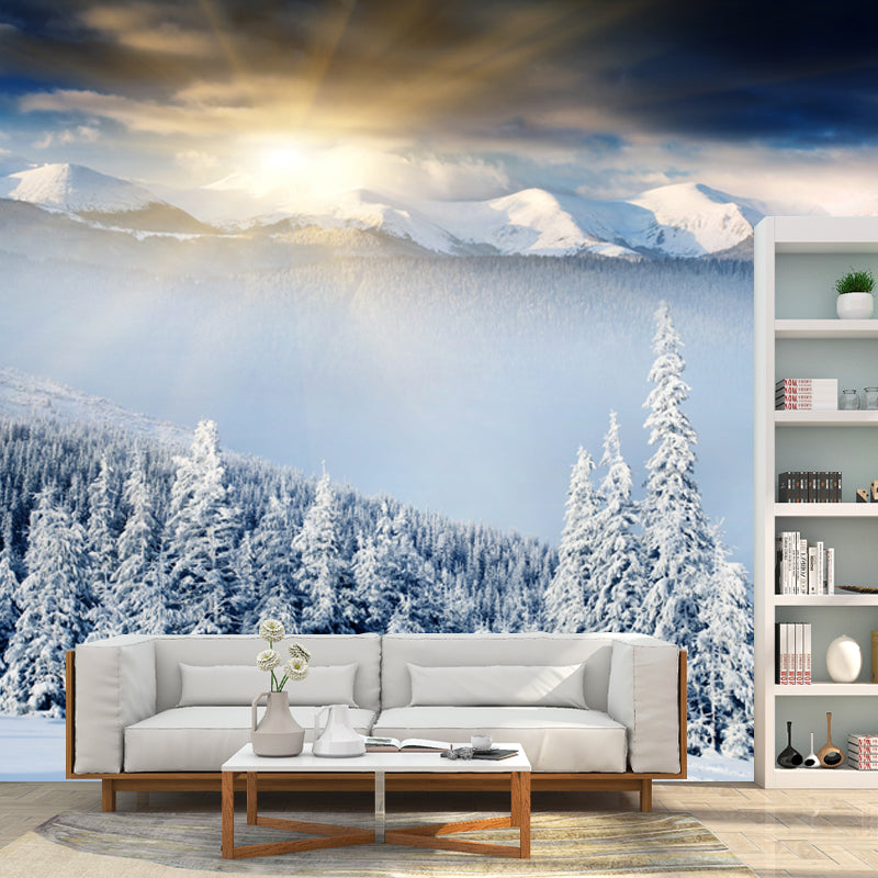 Morning Snowy Landscape Wall Mural Decal White Contemporary Wall Art for Bedroom White Clearhalo 'Wall Decor' 'Wall Mural' 1502114