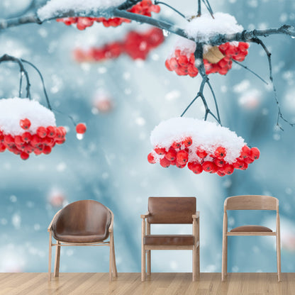 Blue-Red Modern Wallpaper Mural Whole Cherry-Like Fruit Covered with Snow Wall Decor for Home Blue Clearhalo 'Wall Decor' 'Wall Mural' 1502124