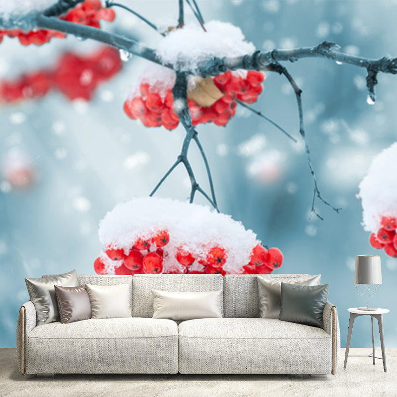 Blue-Red Modern Wallpaper Mural Whole Cherry-Like Fruit Covered with Snow Wall Decor for Home Clearhalo 'Wall Decor' 'Wall Mural' 1502126