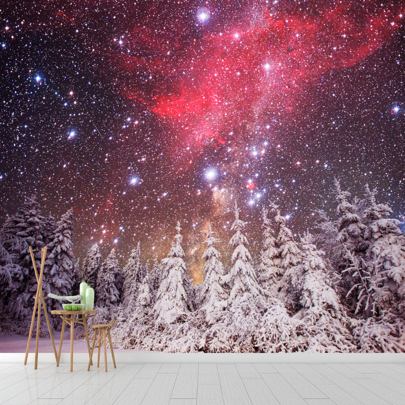 Magic Cypress Starry Night Mural Living Room Snowing Scenery Wall Decor, Custom Printed Pink Clearhalo 'Wall Decor' 'Wall Mural' 1502139