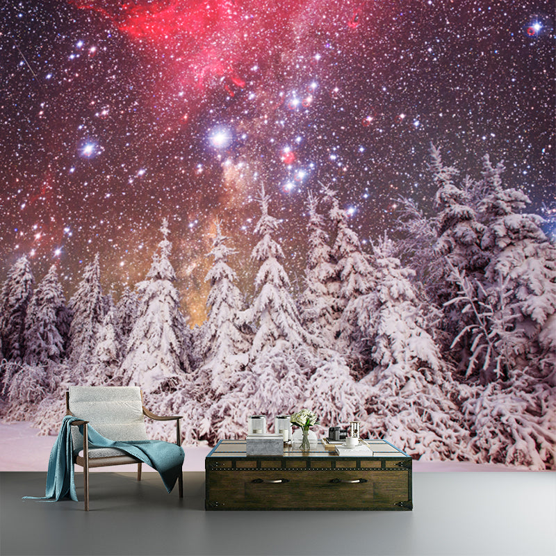 Magic Cypress Starry Night Mural Living Room Snowing Scenery Wall Decor, Custom Printed Clearhalo 'Wall Decor' 'Wall Mural' 1502140