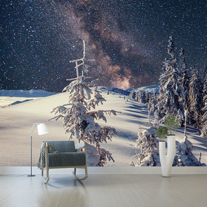 Nordic Milky Way Wallpaper Mural Grey Snowy Cypress Landscape Wall Decor for Home Clearhalo 'Wall Decor' 'Wall Mural' 1502156