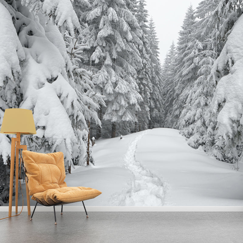 Smooth Whole White Mural Modern Road Across Snowy Cypress Wall Covering, Custom Size White Clearhalo 'Wall Decor' 'Wall Mural' 1502174