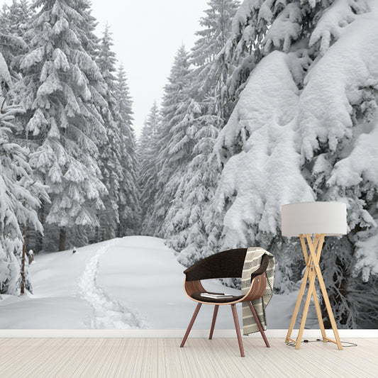 Smooth Whole White Mural Modern Road Across Snowy Cypress Wall Covering, Custom Size Clearhalo 'Wall Decor' 'Wall Mural' 1502175