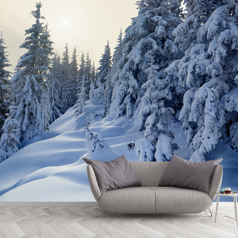 Cypress with Thick Snow Mural Modern Waterproofing Bedroom Wall Art, Made to Measure White Clearhalo 'Wall Decor' 'Wall Mural' 1502179