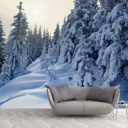 Cypress with Thick Snow Mural Modern Waterproofing Bedroom Wall Art, Made to Measure White Clearhalo 'Wall Decor' 'Wall Mural' 1502179