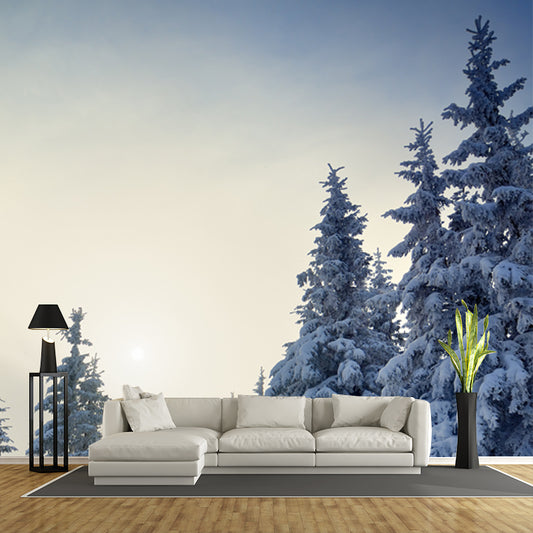 Cypress with Thick Snow Mural Modern Waterproofing Bedroom Wall Art, Made to Measure Clearhalo 'Wall Decor' 'Wall Mural' 1502180